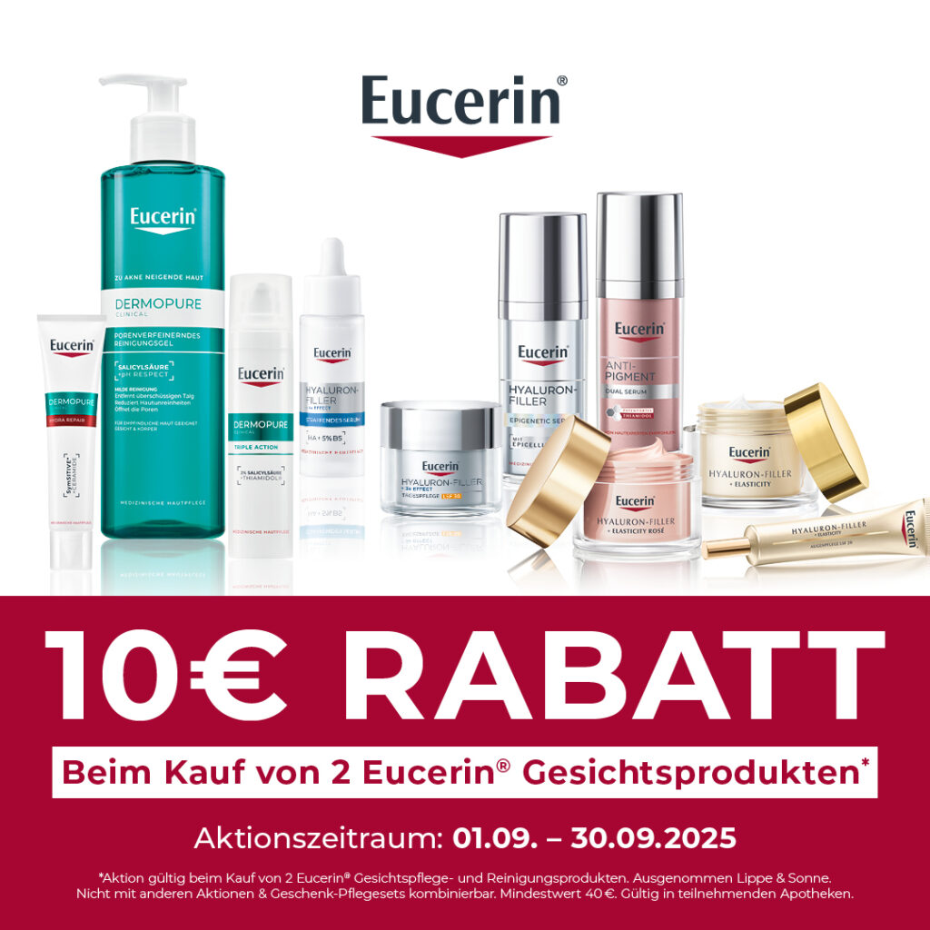 Bild von Produktbildern der Firma Eucerin, plus Beschreibung der 10€ Rabattbedingungen beim Kauf von 2 Gesichtspflegeprodukten