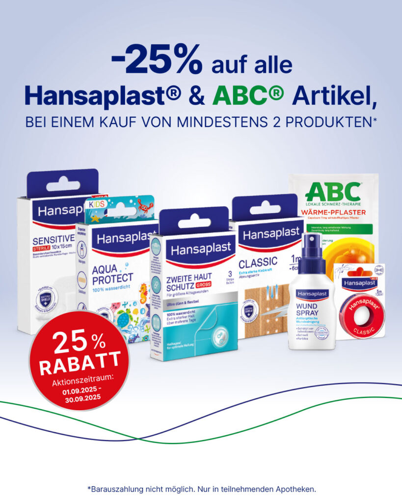 Bild mit Produktabbildungen der Firmen Hansaplast und ABC zur bestehenden Aktion -25% beim Kauf von 2 Produkten